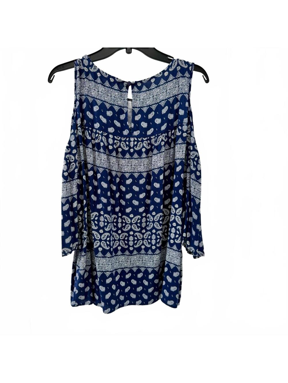 Gibson & Latimer Navy Paisley Cold Shoulder Boho Top Medium - Picture 2 of 7